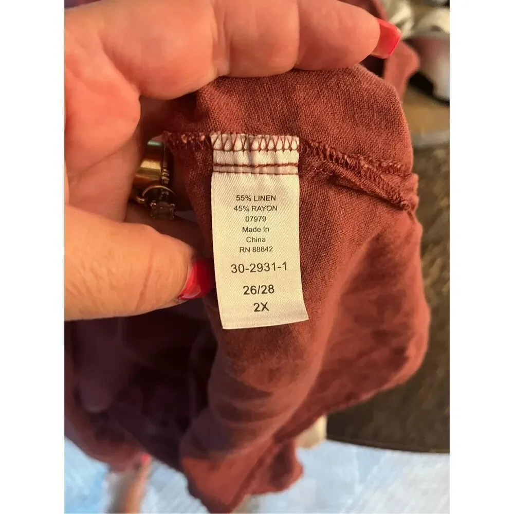 Ellos Burgundy Sunwashed Linen Blend Lagenlook Top sz 2X 26/28 - Picture 10 of 10